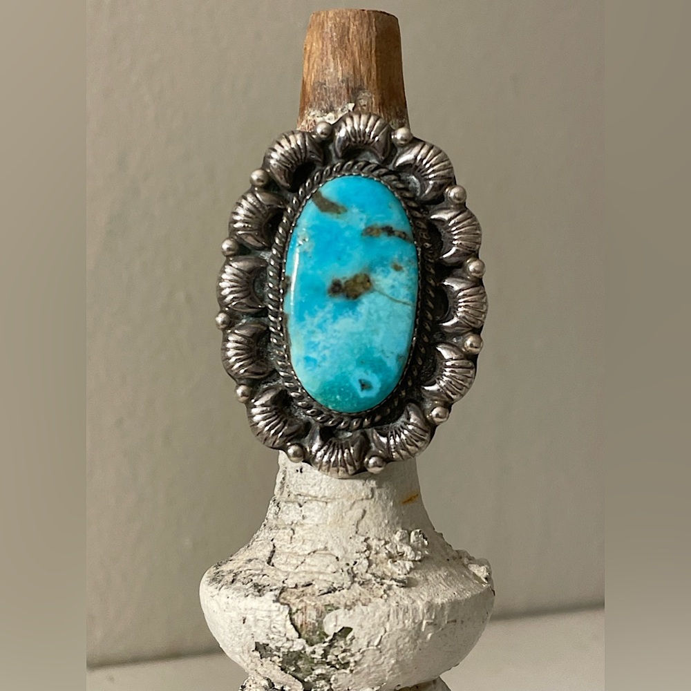 Turquoise and Sterling Silver Statement Ring, Signed and Stamped